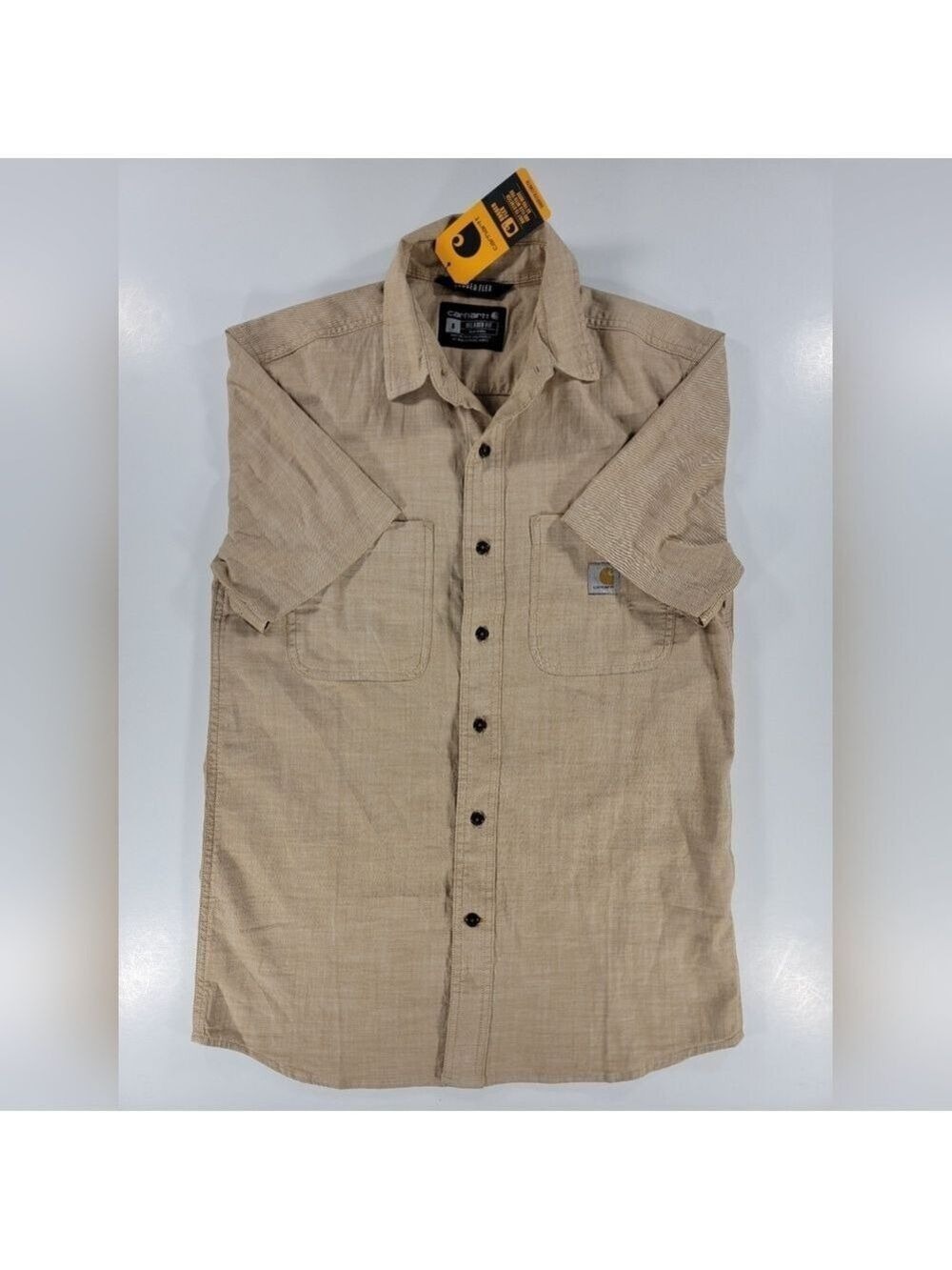 NEW Men's Carhartt Rugged Flex Relaxed Fit Short-Sleeve Large Beige Plaid Shirt